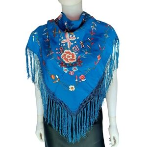 Vtg Floral Embroidery Piano Shawl 29"x29" + 7" Hand-Knotted Fringe Turq/Multi